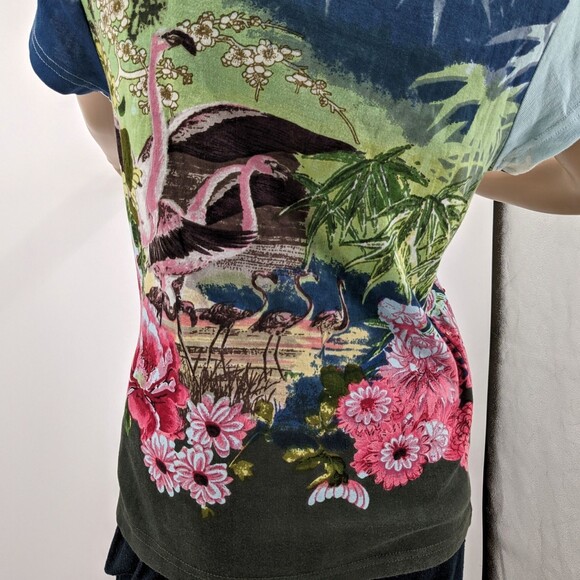 Vintage 90s y2k Take Two Ringer Tee Floral Tropical Falmingo Sequins Size S - Picture 7 of 10